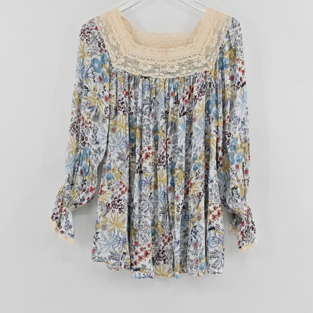 Sundance Floral Lace Yoke Peasant Blouse Womens Size XS Blue‎ Cotton Boho Top
